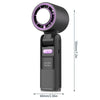 A black mini USB powered cold fan with a purple light ring and digital display.