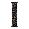 A black nylon Apple Watch band with a leopard print pattern.