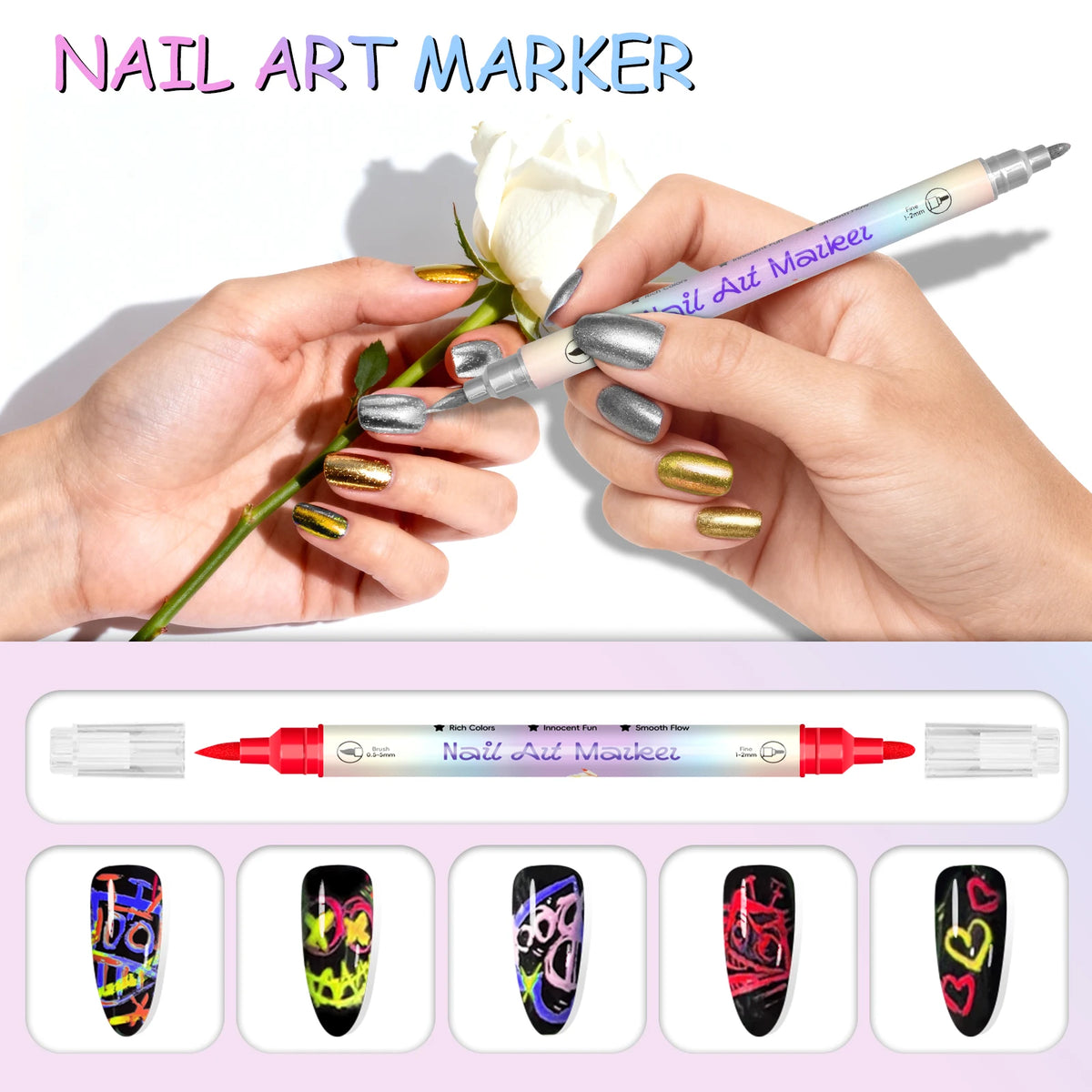 A hand holds a Nail Art Marker pen with various colorful nail art designs and dots on the tip.