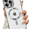 Klares magnetisches kabelloses Handyhülle für iPhone, zeigt Kamera-Modul und Apple-Logo.