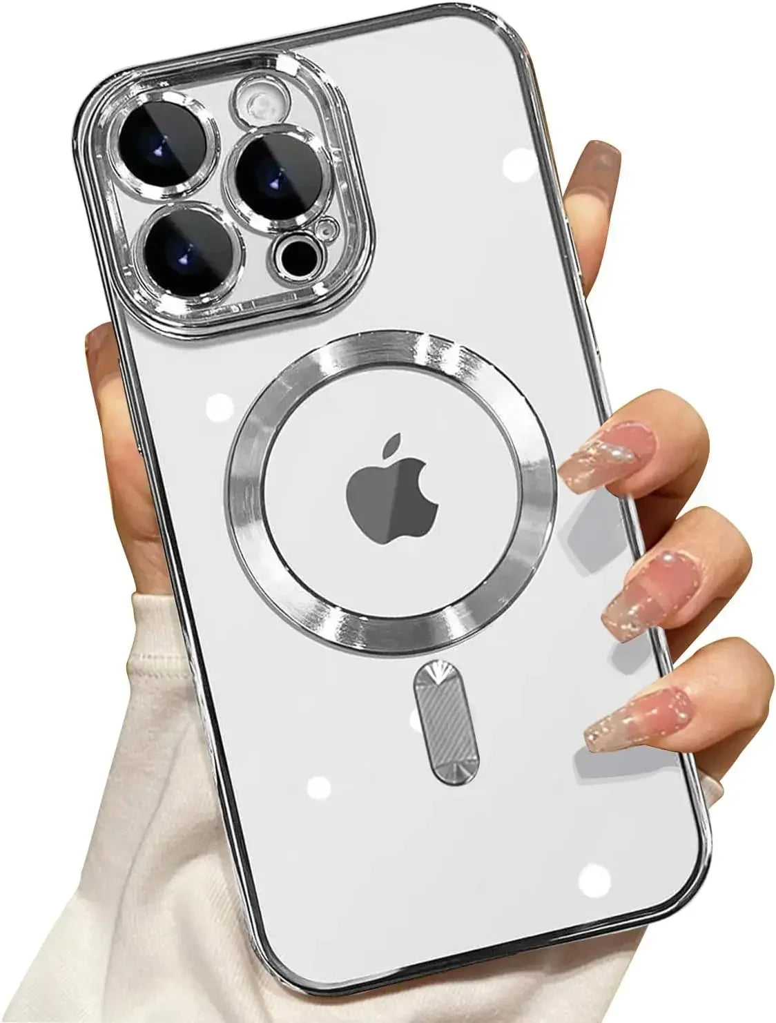 Klares magnetisches kabelloses Handyhülle für iPhone, zeigt Kamera-Modul und Apple-Logo.