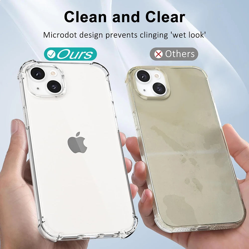A clear shockproof phone case for an iPhone is shown next to a tinted case, highlighting the microdot design.