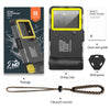 A black waterproof phone case with a yellow lens cover and a lanyard is shown alongside its packaging.