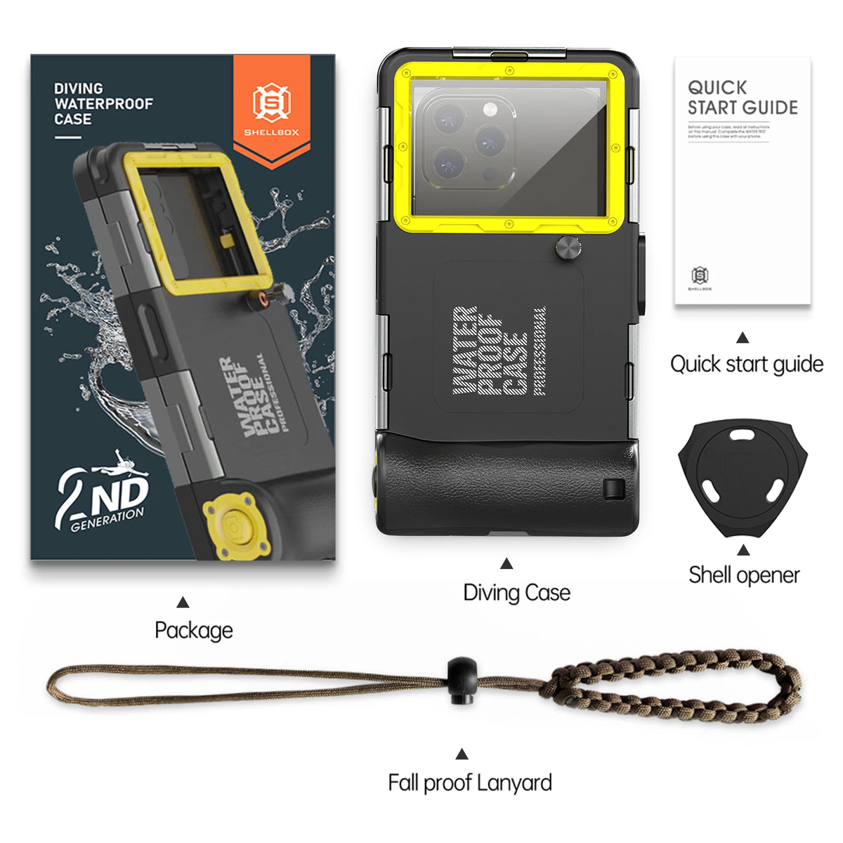 A black waterproof phone case with a yellow lens cover and a lanyard is shown alongside its packaging.