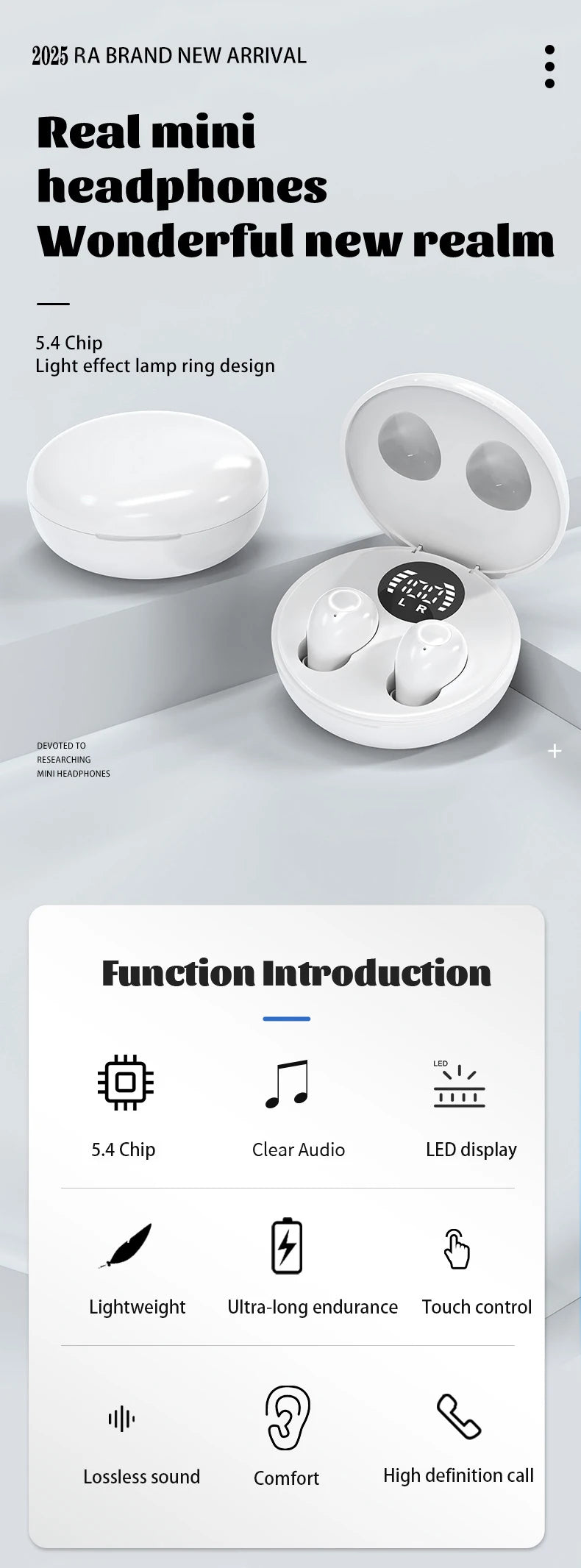 Auriculares mini blancos con diseño de anillo de lámpara de efecto luminoso, mostrados en su estuche abierto.