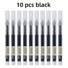 A set of ten black smooth quick-drying gel pens standing upright.