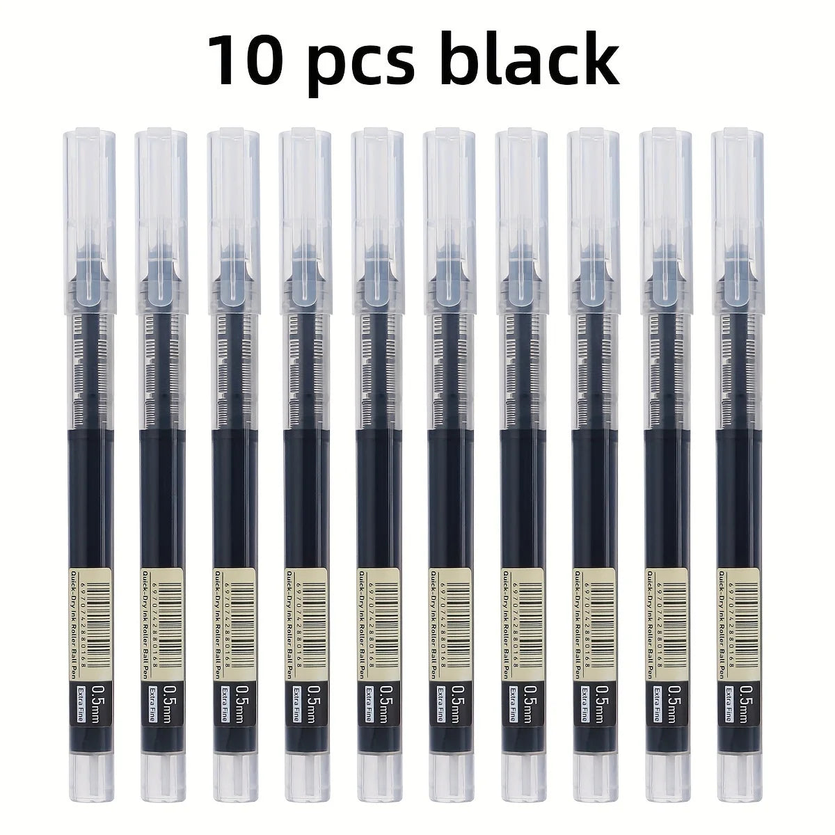 A set of ten black smooth quick-drying gel pens standing upright.