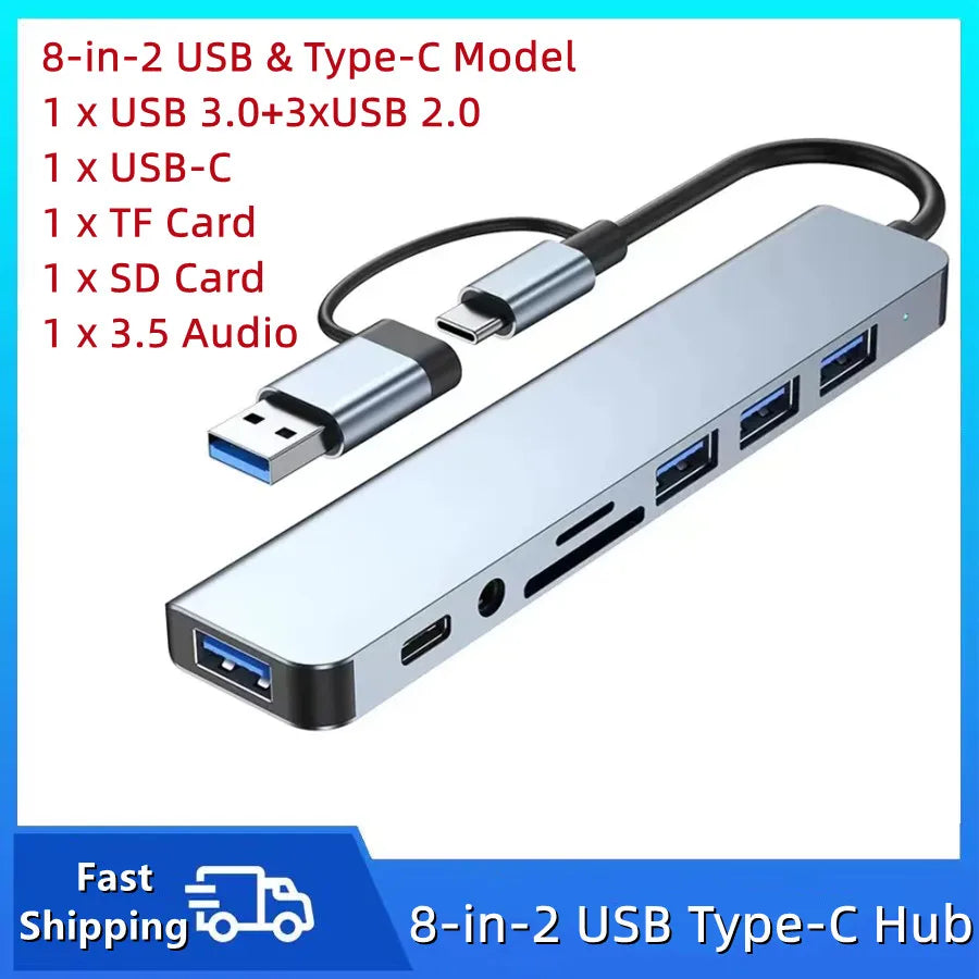 A silver 8-in-2 USB Type-C hub featuring multiple ports including USB, Type-C, TF card reader, SD card slot, and a 3.5 audio 