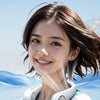 A young woman smiling while wearing a white hands-free neck fan with an LED display.