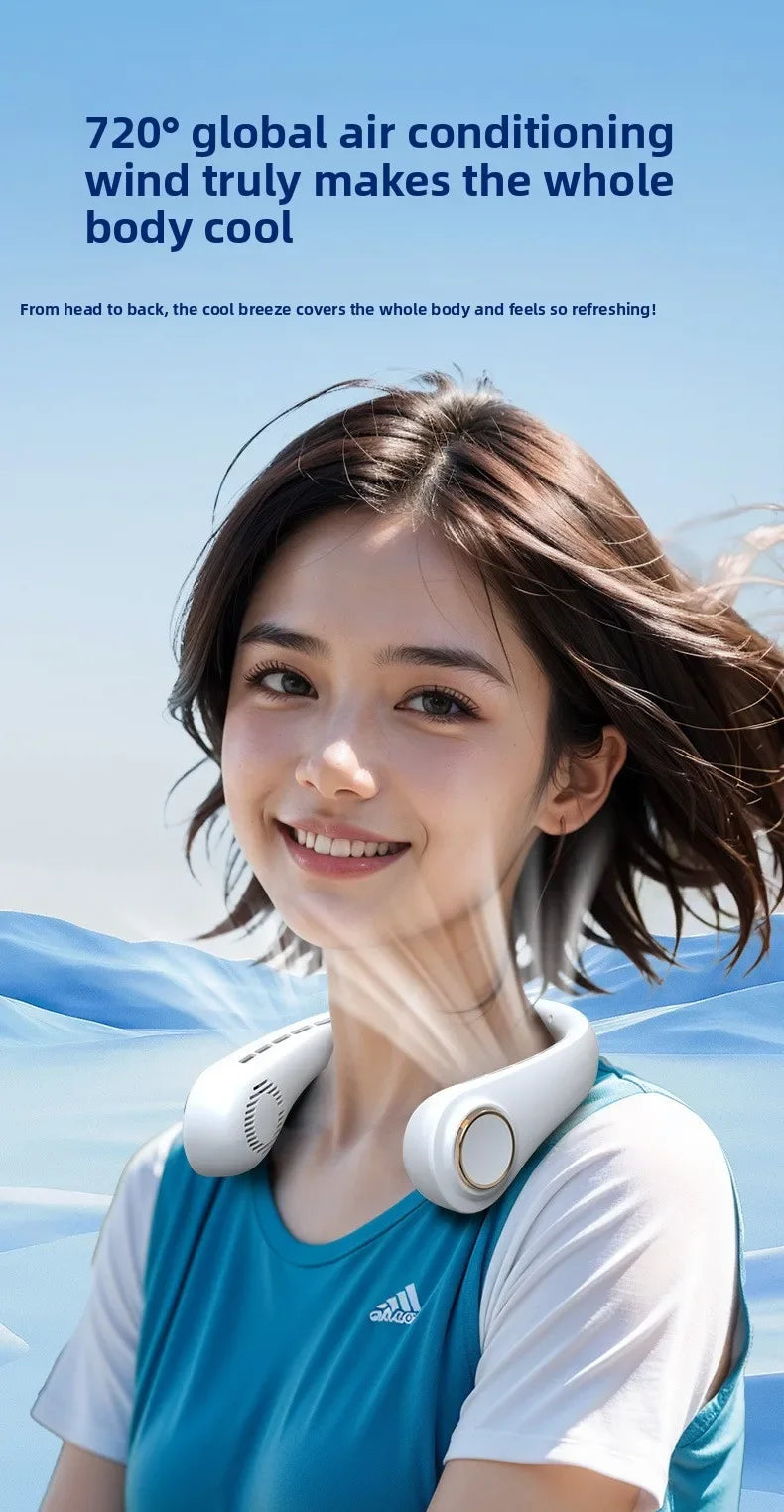 A young woman smiling while wearing a white hands-free neck fan with an LED display.