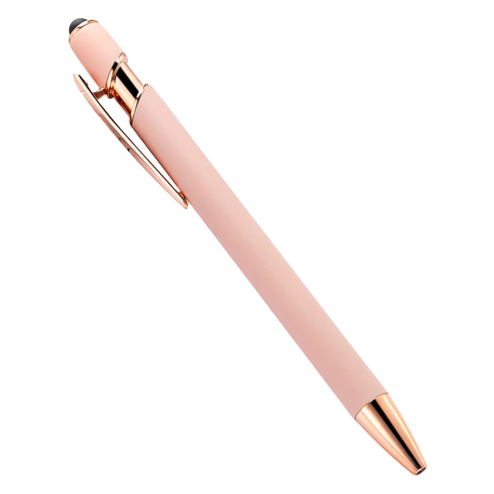 A pink retractable stylus and ballpoint pen with gold accents shown diagonally.