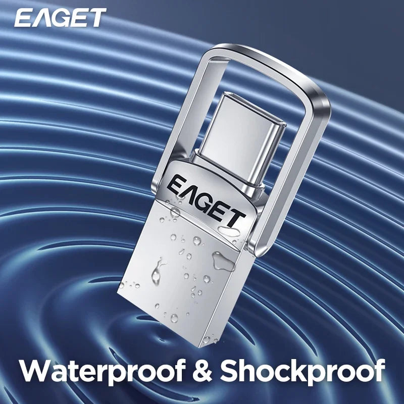 Silver metal flash drive with a protective cap and droplets, labeled EAGET, shown against a blue wave background.