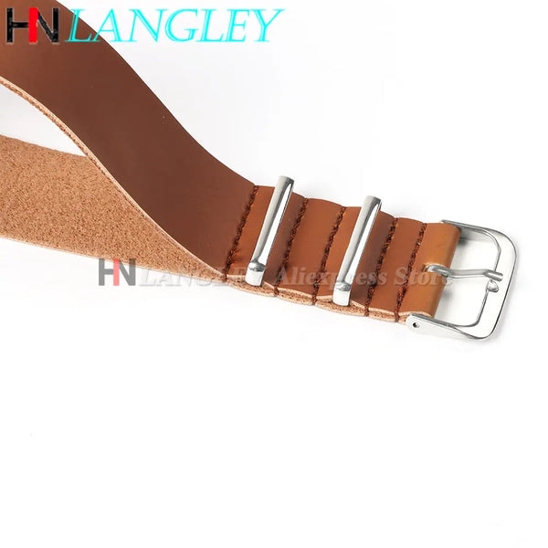 A brown PU leather watch strap with silver buckle hardware shown from the side.