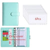 A light mint green A6 budget planner with a leather cover and envelope system shown alongside multiple sheets.