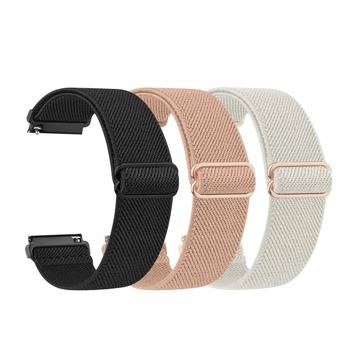 Three colored adjustable elastic sports bands for Garmin watches in black, pink, and beige.