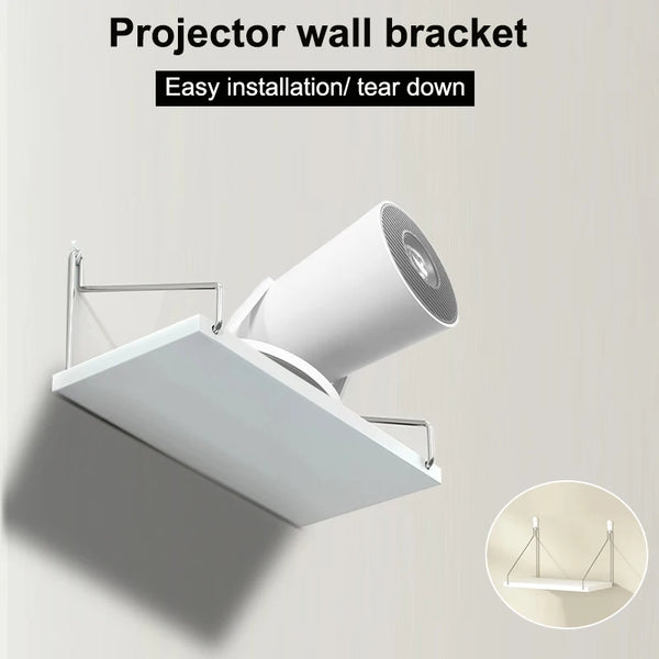 A white projector wall bracket mounted on a wall, designed for easy installation and tear down.