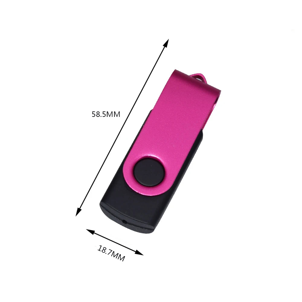 A pink and black rotatable USB flash drive shown with dimension lines.