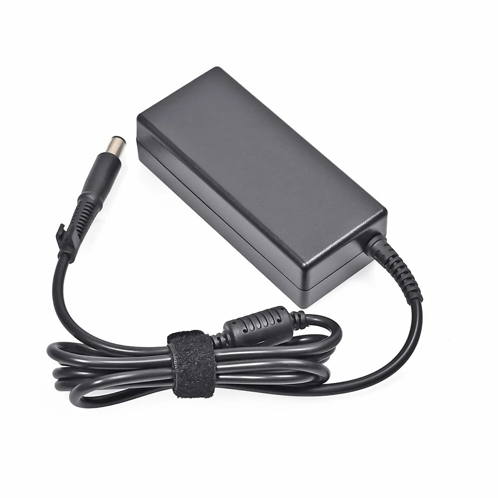 A black high-power AC adapter with a cord and connector for laptops.