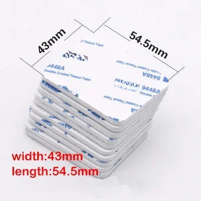 A stack of white double-coated tissue tape measuring 43mm wide by 54.5mm long.