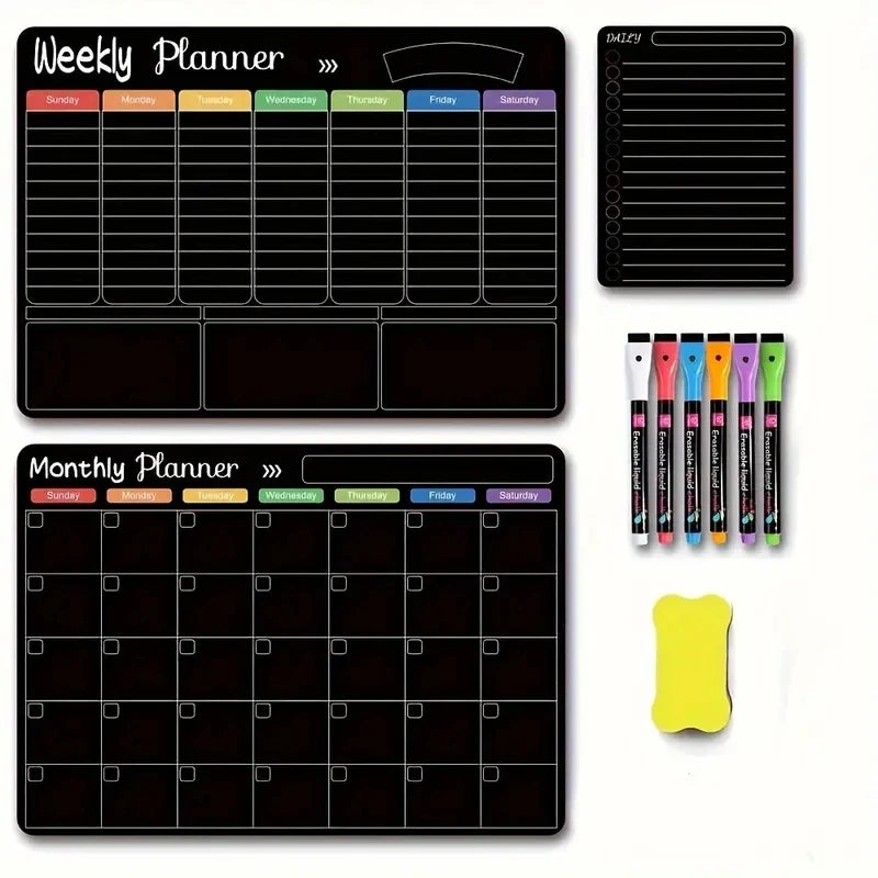 A set of weekly and monthly planning calendars for refrigerator use featuring grid layouts and colored markers.