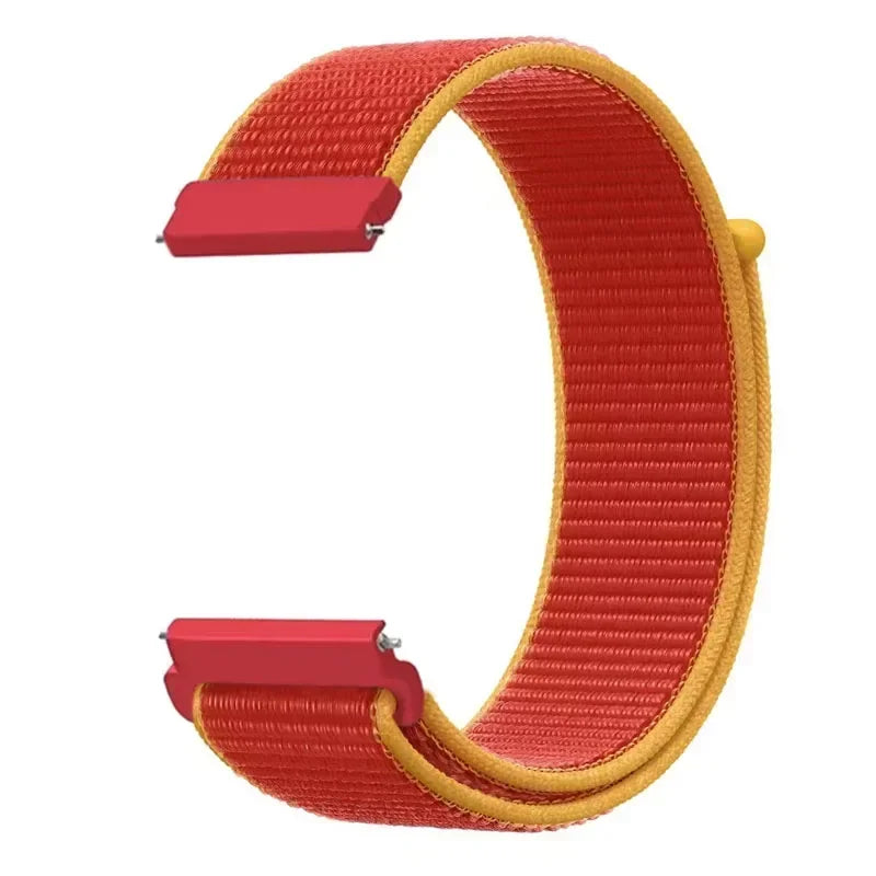 A red and yellow nylon loop watch strap is shown, featuring a textured band and a rectangular buckle.
