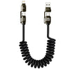 A black 2-in-1 high-speed data sync cable with two USB-C connectors and a coiled cord.
