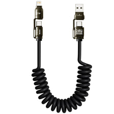 Schwarzes 2-in-1 Hochgeschwindigkeits-Daten-Sync-Kabel mit zwei USB-C-Anschlüssen und spiralförmiger Leiste.