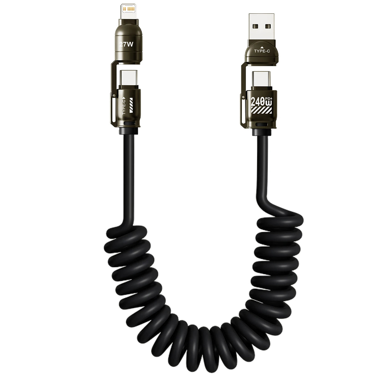 A black 2-in-1 high-speed data sync cable with two USB-C connectors and a coiled cord.