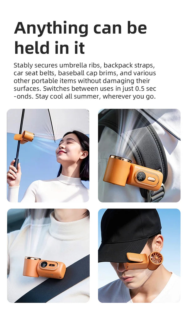 A portable handheld cooling fan in a matte orange color is shown being used to cool the neck area.
