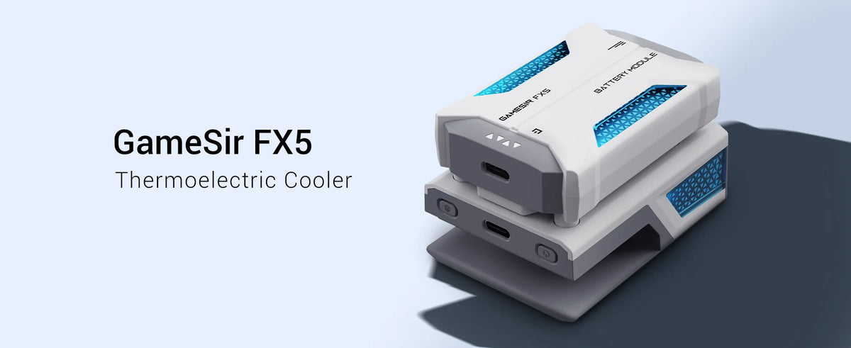 Weißer GameSir FX5 Peltier-Kühler in diagonaler Ansicht auf dunkler Oberfläche.