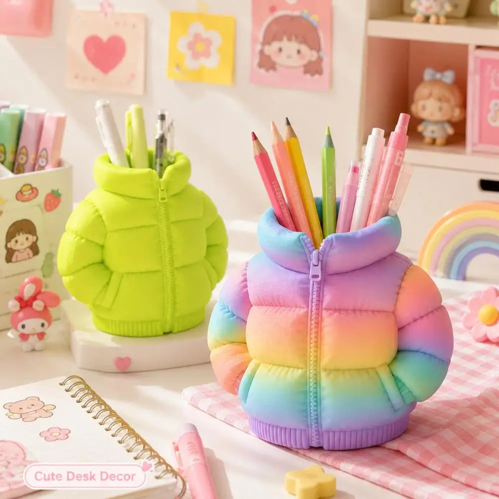 A colorful, puffy jacket shaped pen holder with pastel rainbow colors sits on a pink checkered cloth.