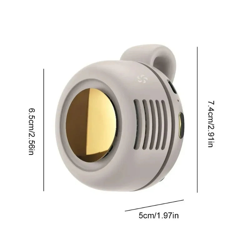 A portable mini blade-less electric fan in a light gray color shown from the side.