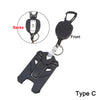 Black retractable badge clip with a front and back view, designed for ID cards and credit cards.