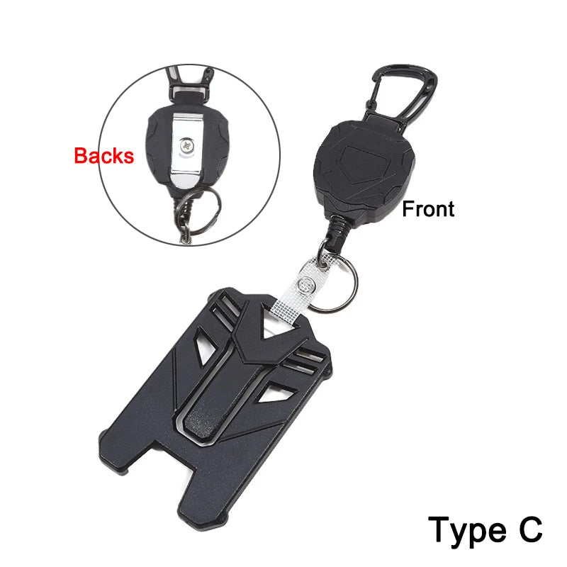 Black retractable badge clip with a front and back view, designed for ID cards and credit cards.