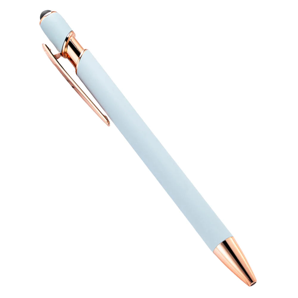 A light blue retractable stylus and ballpoint pen with gold accents.