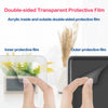 Hands are applying a double-sided transparent protective film to a device, showing the inner and outer protective films.