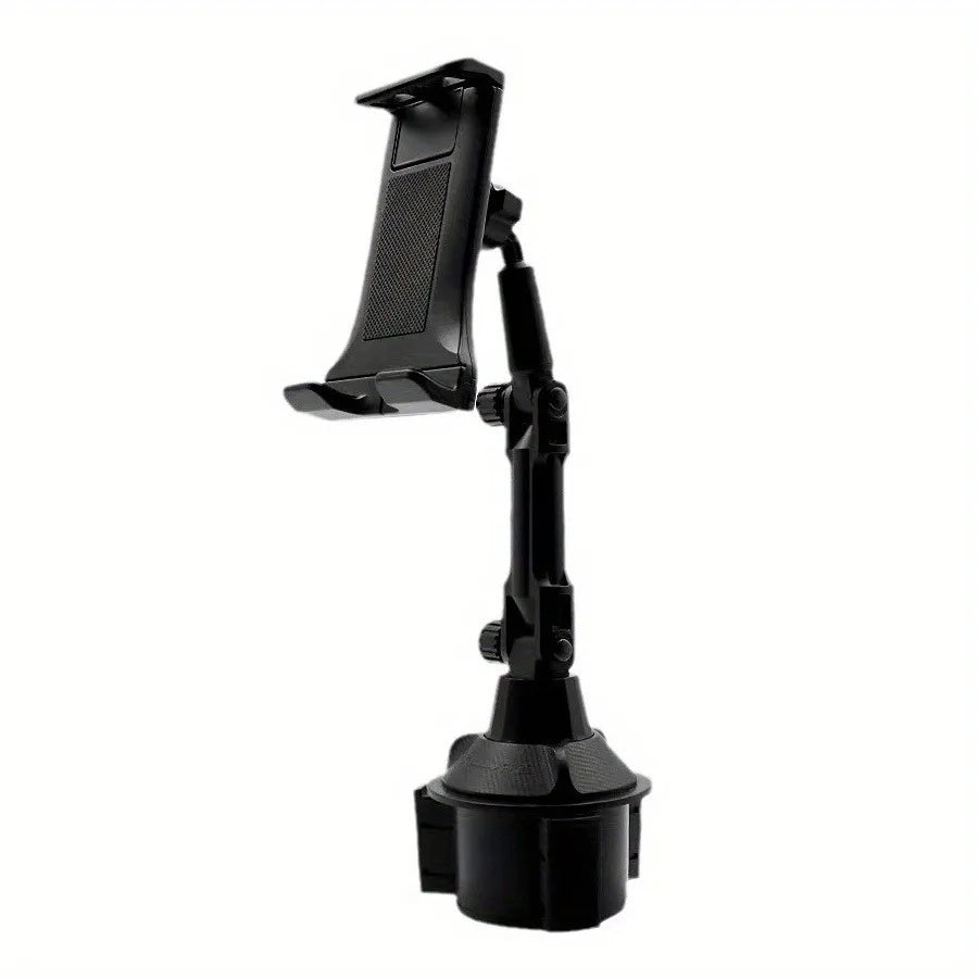 Black universal car mount for phones and tablets with a 360-degree rotating long arm