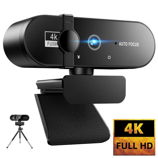 Black 4K Full HD webcam with auto focus feature mounted on a flexible tripod stand.