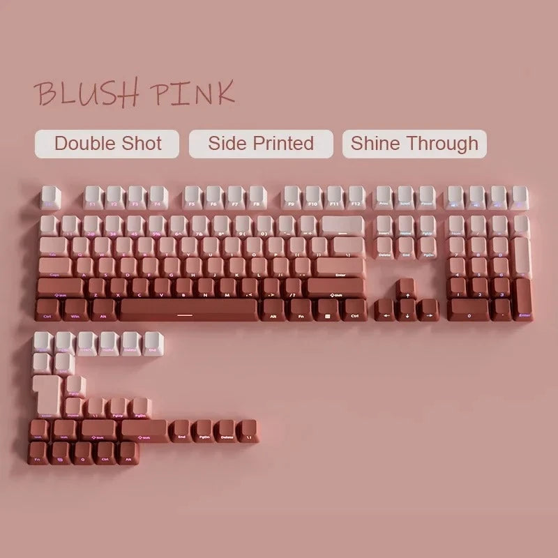 Primer plano de teclas PBT rosa empolvado dobles con impresión lateral y brillo.
