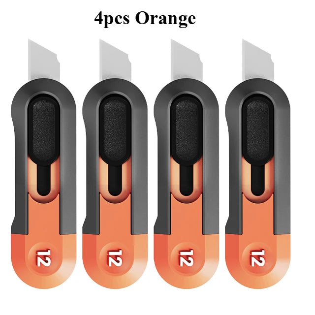 Four orange Deli mini pocket knives with silver blades shown side by side.