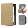 A brown textured leather case for a Kindle Paperwhite device shown in various angles.