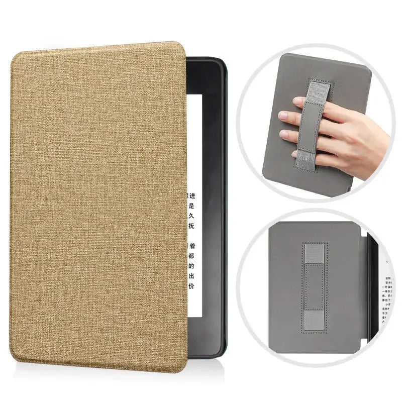 A brown textured leather case for a Kindle Paperwhite device shown in various angles.