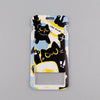 A black and yellow cat themed lanyard with a card holder featuring multiple cat illustrations.