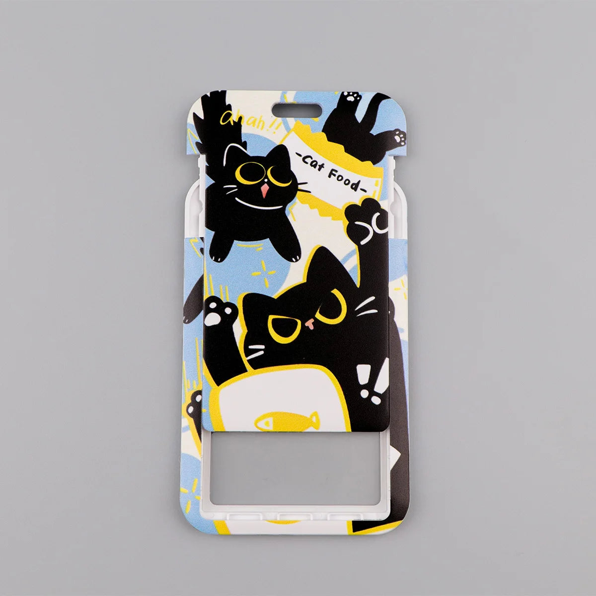 A black and yellow cat themed lanyard with a card holder featuring multiple cat illustrations.