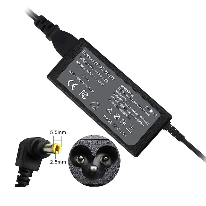 Adaptateur secteur noir pour un appareil, montrant les extrémités de la fiche et du connecteur.