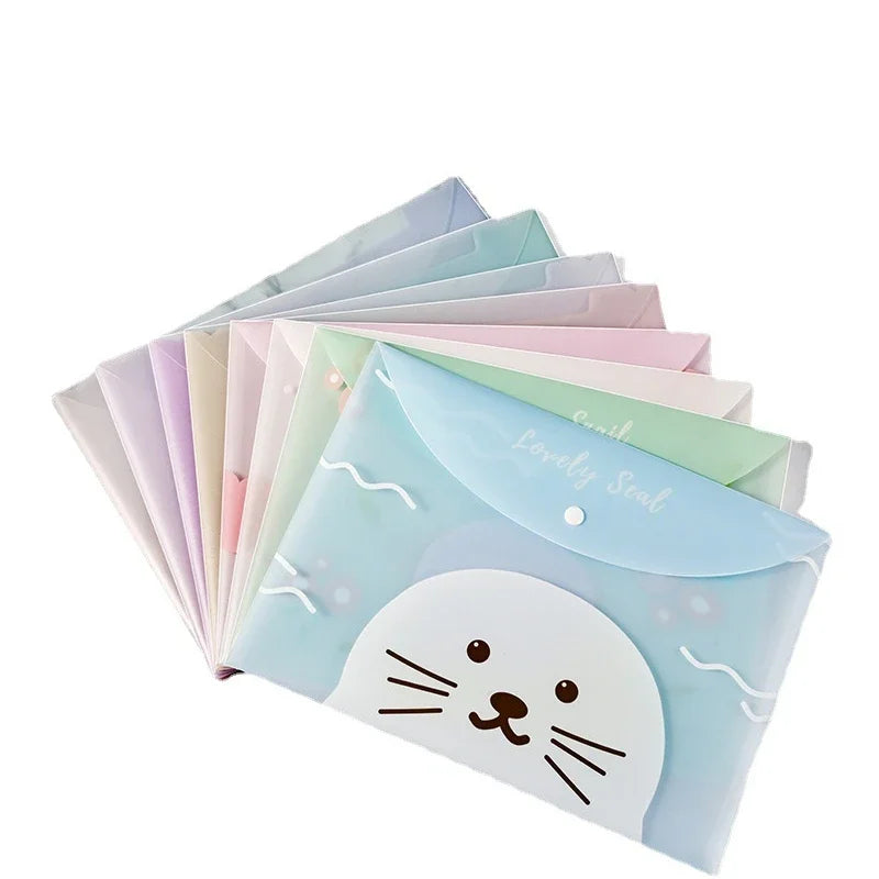 A set of four cute cartoon transparent document pouches for A4 papers in pastel colors.