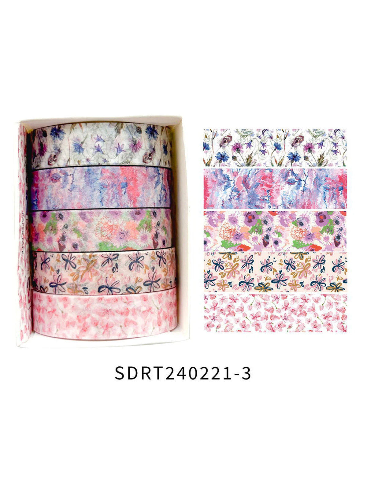 A set of five rolls of floral patterned washi tape in various shades of pink and purple for crafting.