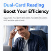A man is using a laptop to read SD and other types of cards, demonstrating dual-card reading efficiency.