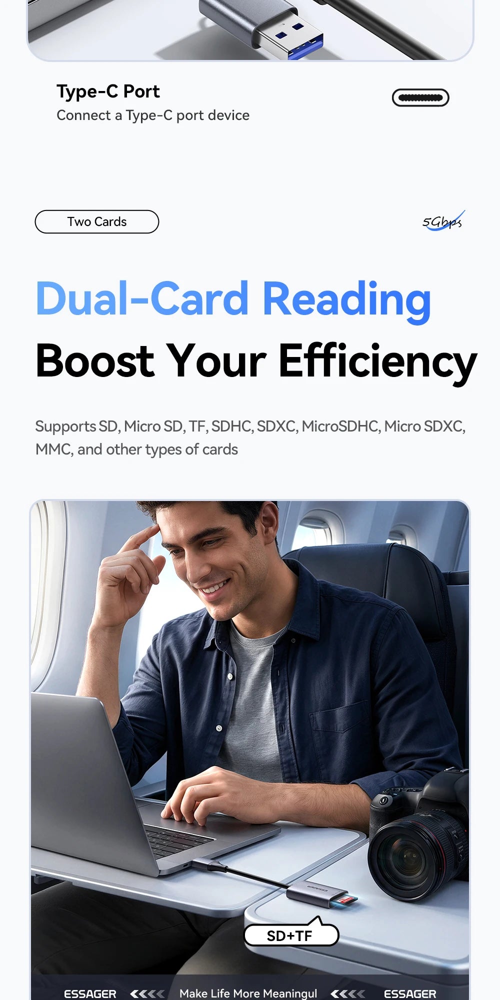 A man is using a laptop to read SD and other types of cards, demonstrating dual-card reading efficiency.