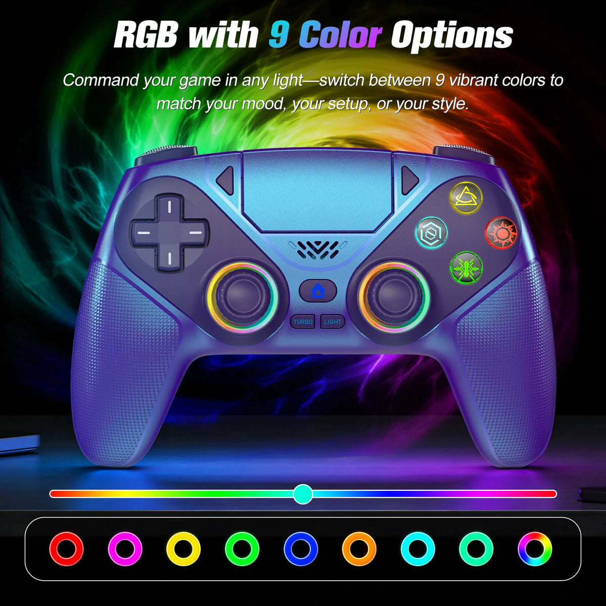 An RGB wireless gaming controller is shown with a colorful light bar display below it.